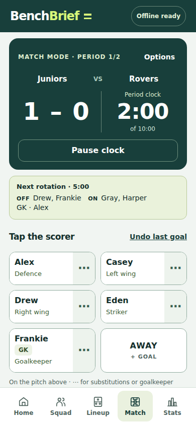 BenchBrief Match Mode on a phone: match score, period timer, large player goal buttons and the next substitution.